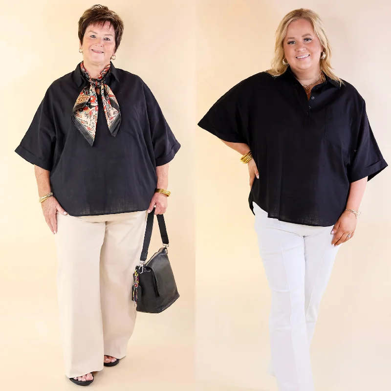 Sweet Surprise Half Button Up Poncho Top with Collared Neckline in Black Discover Now