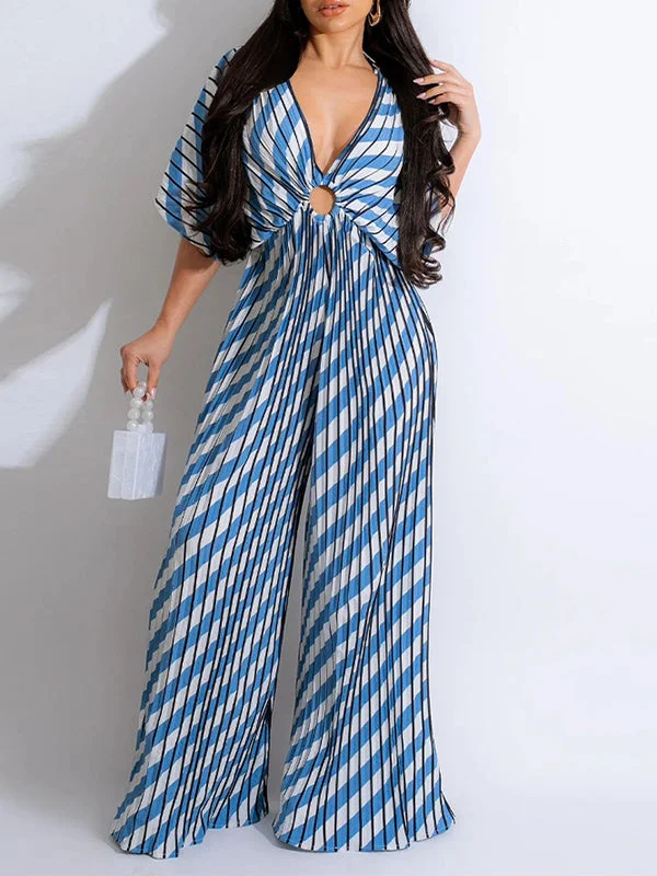 Printed V-Neck Pleated Wide-Leg Jumpsuit Vintage Retro Party Wear