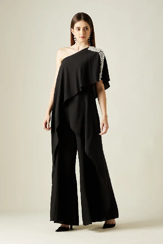 Pearl Embellished Black Layered Jumpsuit Holiday Sale