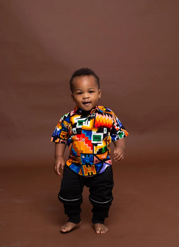 Fred Ankara Boy Short sleeve Shirt | Orange and White Multicolored African Print Now On Sale For Chic Urban Styles