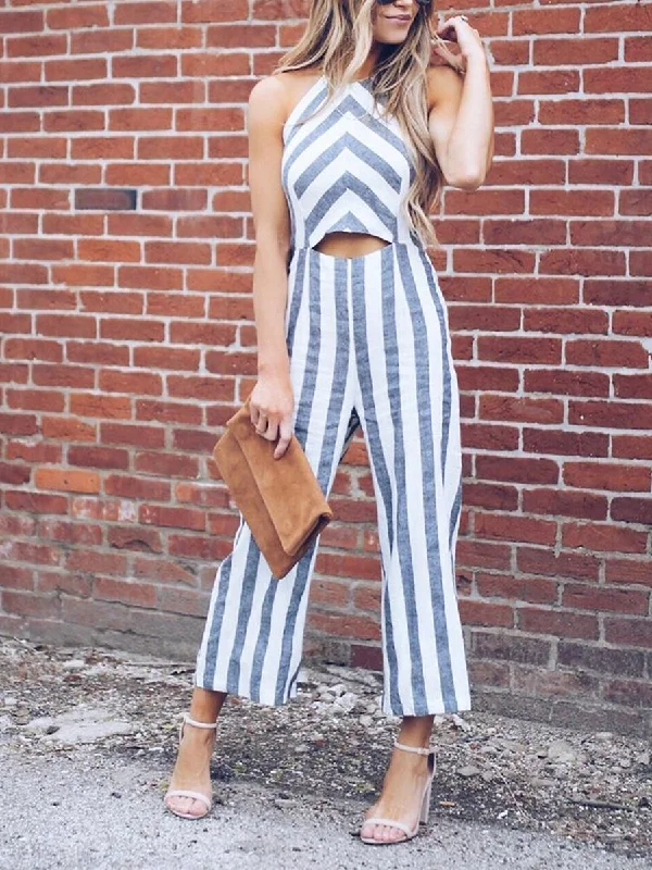 Linen Hollow out Striped Comfortable Jumpsuit Holiday Sale