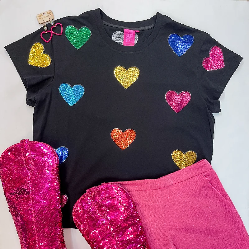 Queen Of Sparkles | Fluttering Hearts Multi-Colored Sequin Top in Black Season Offer