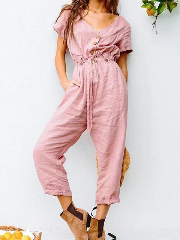 Button V Neck Short Sleeve Jumpsuit Limited Stock