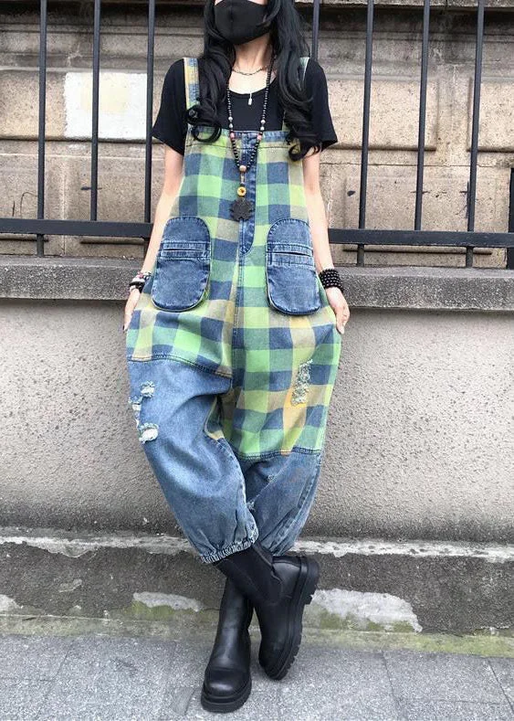 Style Blue Patchwork Plaid Print Denim Spaghetti Strap Jumpsuit Summer Casual Chic Clothing