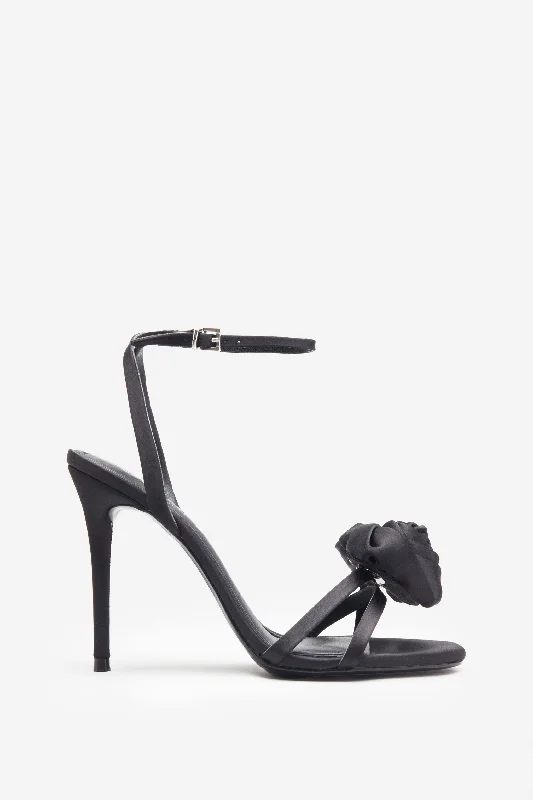 Sweet Step | Black Satin Strappy Heeled Sandals With Flowers Trend Leading Collection