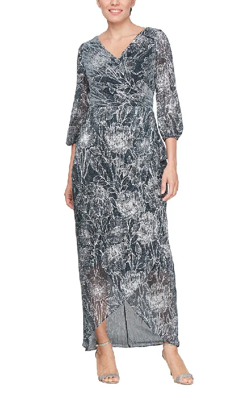 Long Foil Printed Dress with Surplice Neckline, Ruched Waist and Cascade Overlay Skirt Style Versatile Women's Collection