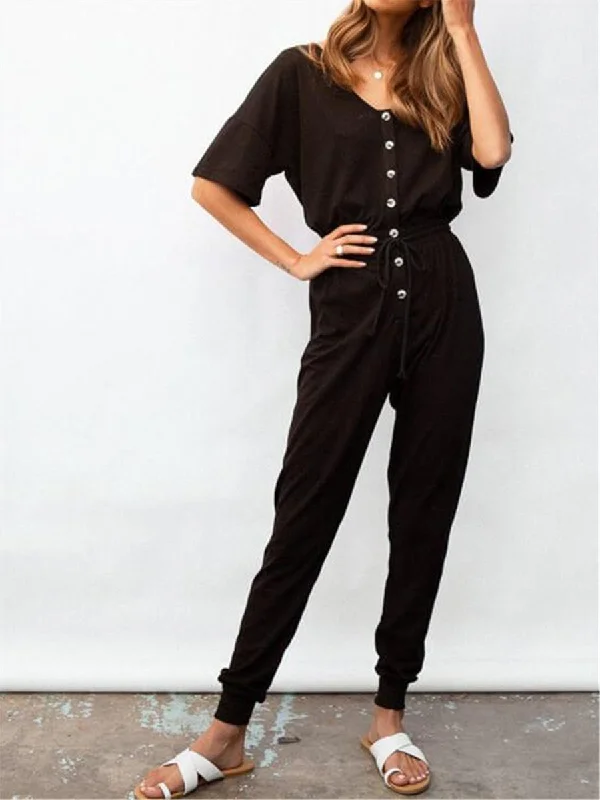 Comfortable Casual Solid Color V Neck Button Jumpsuits From Casual To Classy