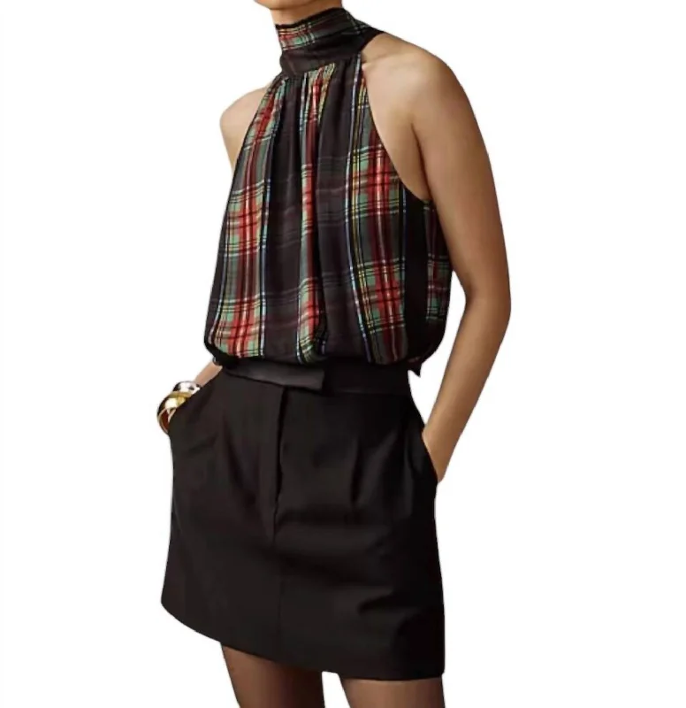 Halter Top With Necktie In Stewart Tartan Chiffon Blend Classic Charm