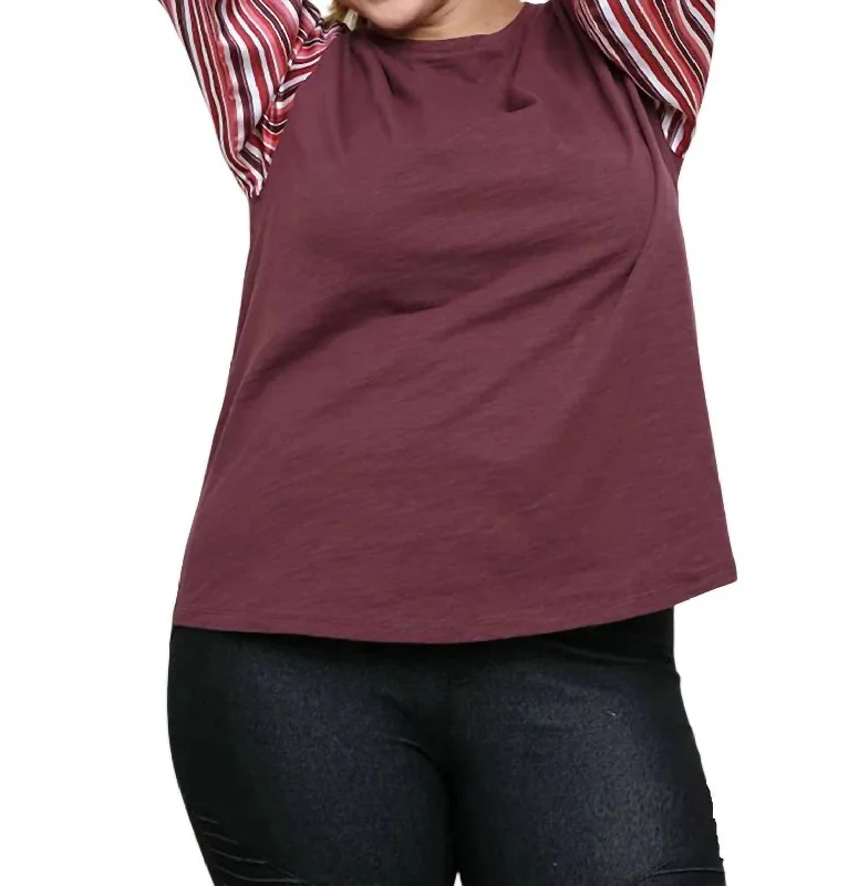 Satin Striped Sleeve Top In Burgundy Daily Deals