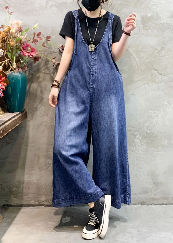 Art Blue V Neck Patchwork High Waist Denim Wide Leg Jumpsuits Spring Sophisticated Cut