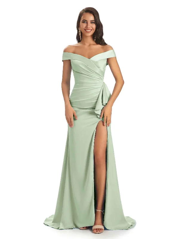 Sexy Soft Satin Side Slit Off- Shoulder Long Mermaid Wedding Bridesmaid Dresses Sale Chic Urban Fashion Look