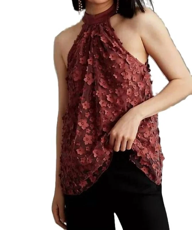 Floral Halter Top In Red Elegant Style