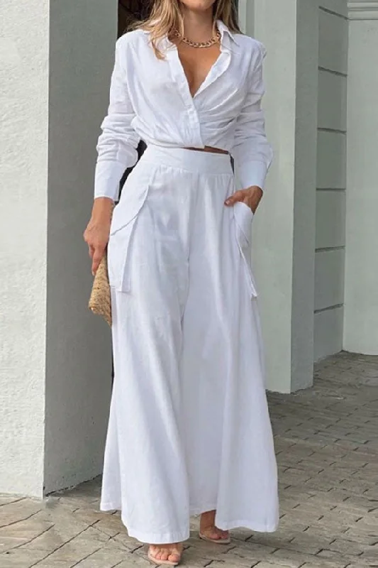 Solid Color Feminine Big Pocket Wide Leg Jumpsuit Chic Style