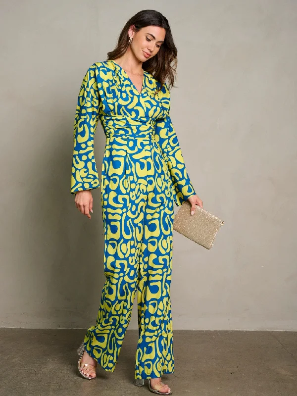 WOMEN'S LONG PUFF SLEEVE SURPLICE PRINTED WIDE LEG JUMPSUIT Everyday Basics