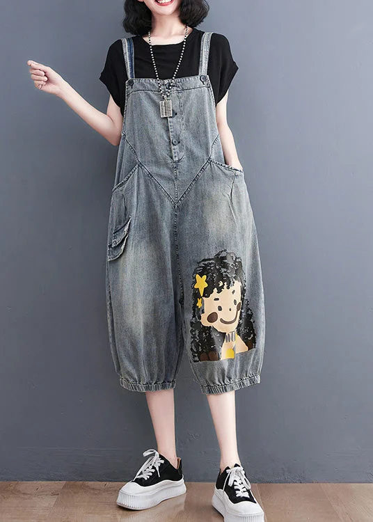 Casual Blue Slash Neck City Girl Denim Jumpsuit Summer Vibrant Prints