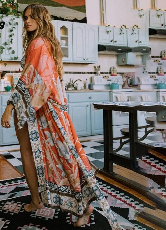 Orange Print Floral Kimono Loose Long One Size Cardigan Elevate Your Wardrobe