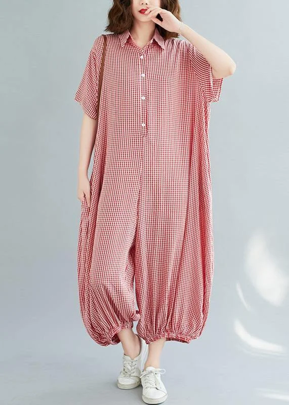 Bohemian red plaidpant Thin summerSewing wild jumpsuit Popular Collection