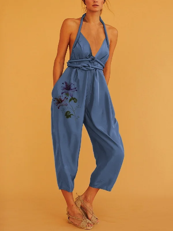 Fashion Sexy Minimalist Printed Halter Jumpsuits Stylish Savings