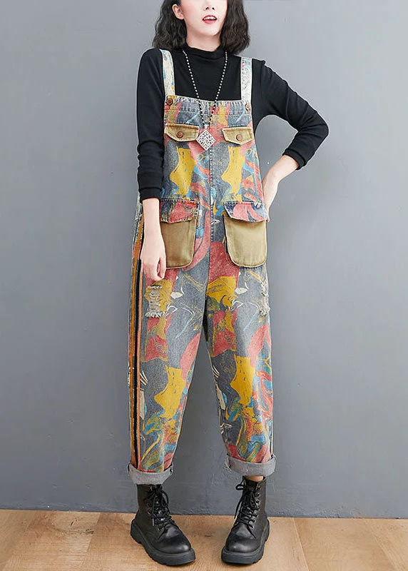 Style Yellow Print Patch Denim Spaghetti Strap Jumpsuit Spring End Of Month Blowout