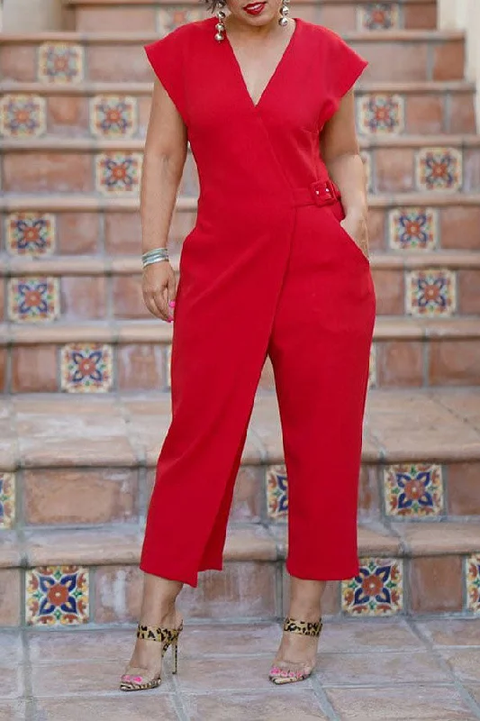 Solid Color Simple Buckled Design Irregular Jumpsuit Spring Fashion