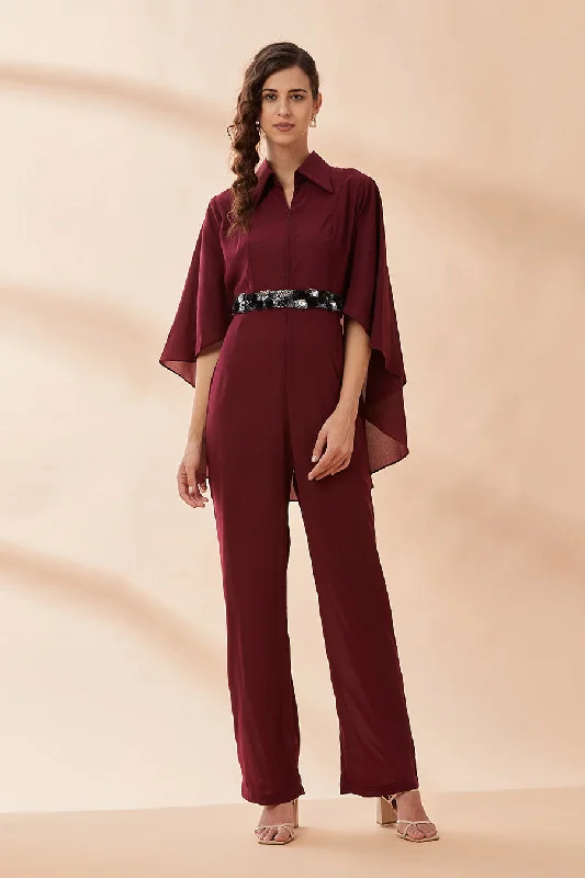 Wine Cape Jumpsuit With Belt Seasonal Sale