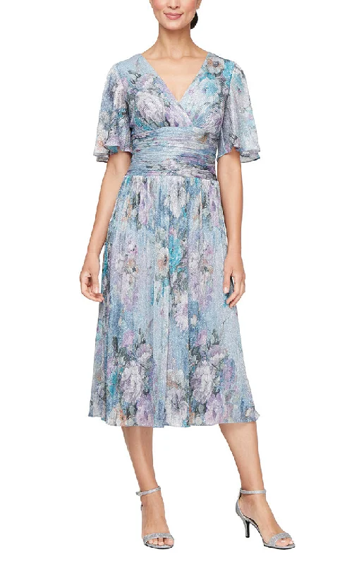 Tea Length Printed A-Line Dress with Ruched Waist and Elbow Sleeves Limited Edition