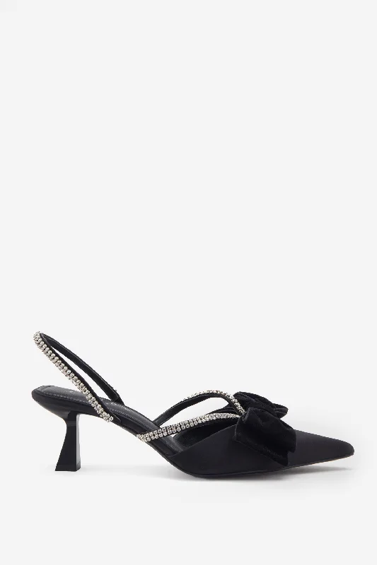 Pretty & Poised | Black Diamante Strap Sling Back Kitten Heels With Bows Embrace New Fashion