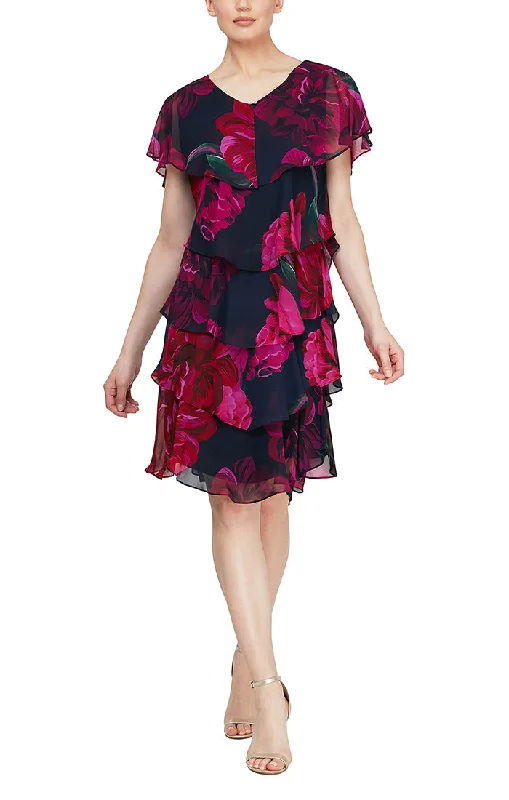 Short Sleeve Floral Printed Chiffon Tiered Dress with Rhinestone Detail at Neckline Style Breakthroughs