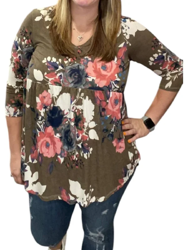 Winter Floral Babydoll Top In Olive Feminine Allure