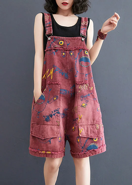 Fashion Red Slash Neck Print Patchwork Denim Jumpsuit Summer Contemporary Elegance