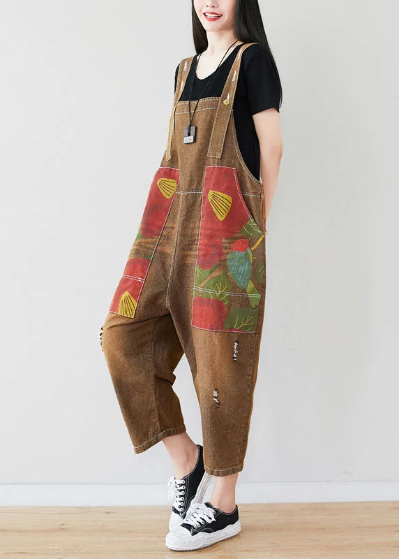 Chocolate Patchwork Print Jumpsuit Pants Ripped Denim Spring Trendy Women's Wear Collection