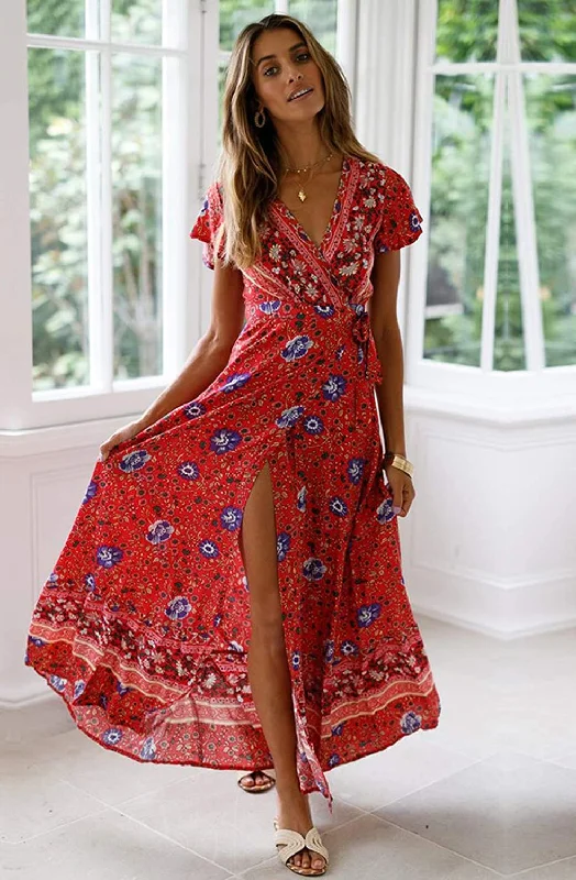 V Neck Wrap Floral Short Sleeve Split Belted Beach Long Dress Clearance Event