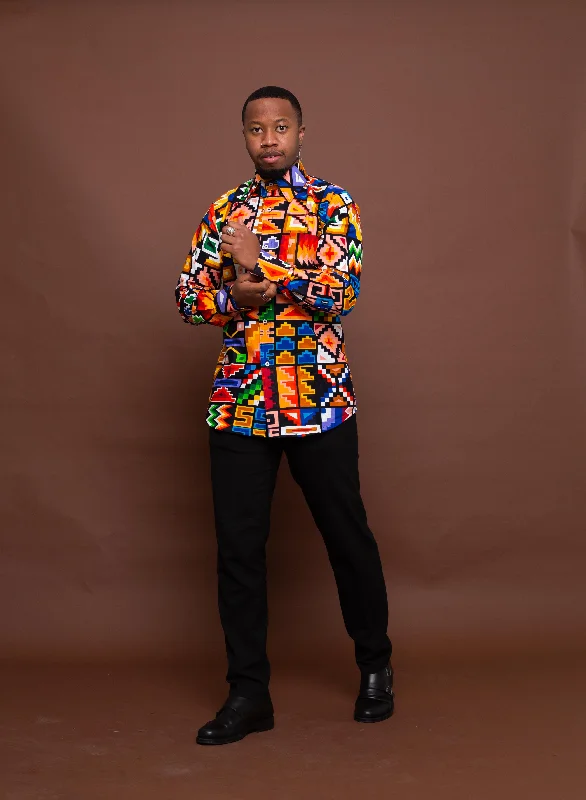 Fred Ankara Men Shirt | Orange and White Multicolored African Print Chic Trend Collection