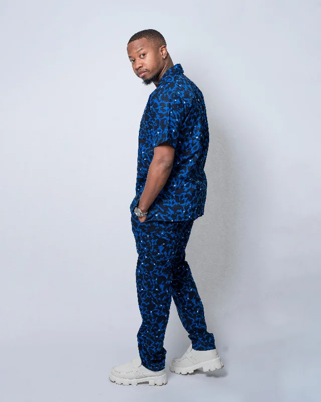 Femi Ankara Men Short Sleeve Shirt | Blue and Black African Print Clearance Event