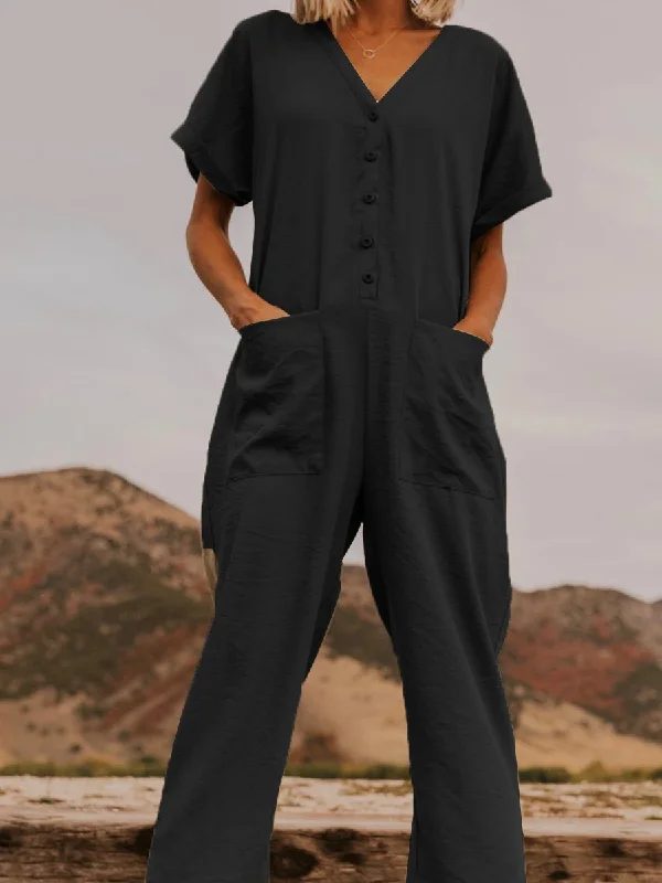 Stylish Short Sleeve Loose Ftting V-neck Pockets Jumpsuit Chic & Cozy Collection