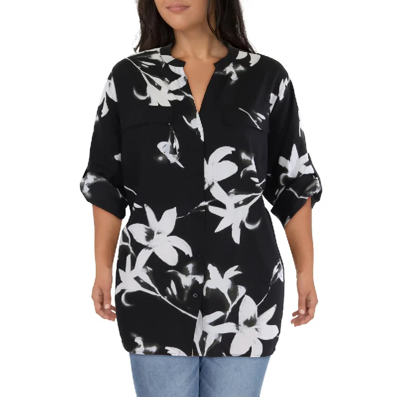 Plus Womens Split Neck Rolled Sleeve Button-Down Top Flowy Fabric