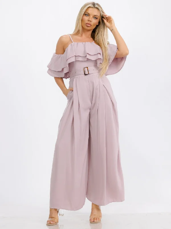 WOMEN'S OFF SHOULDER RUFFLE BELTED POCKETS WIDE LEG JUMPSUIT Stylish Looks