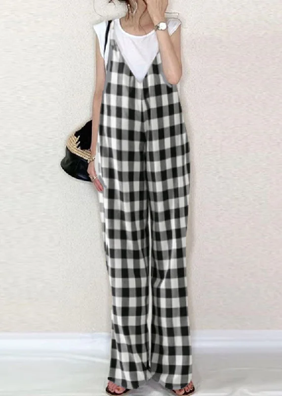 Classy Black White Plaid Oversized Cotton Overalls Jumpsuit Summer Feminine Grace