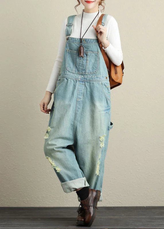 Light Blue Patchwork Ripped Jeans Jumpsuits Spring Luxury Fashion