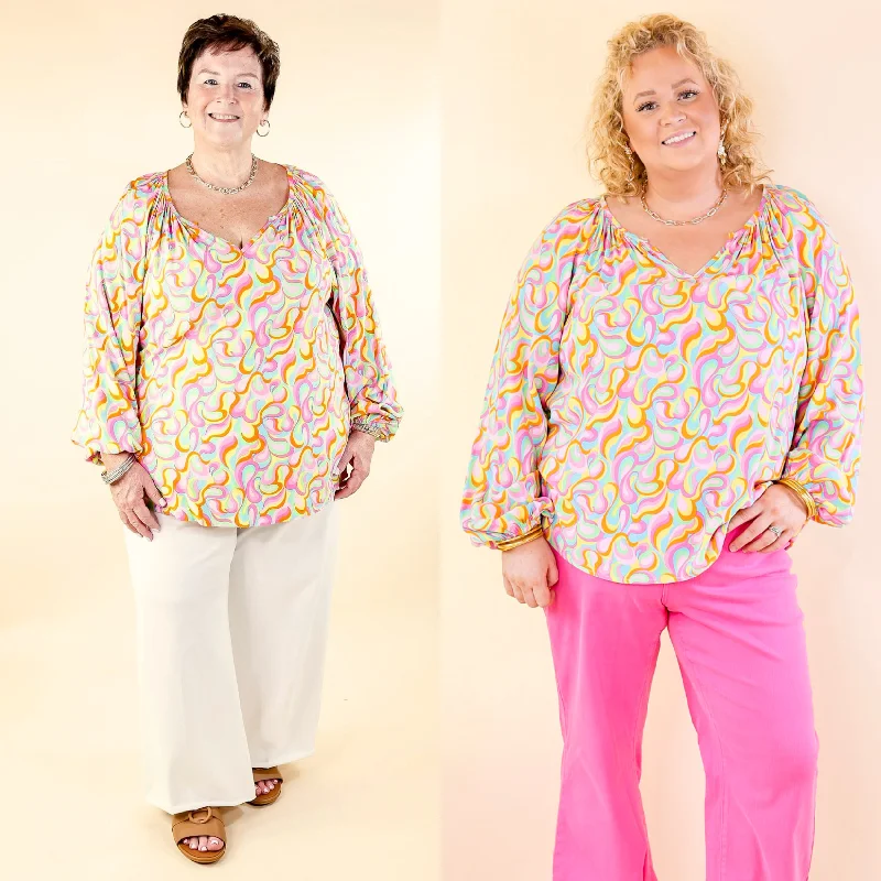 Follow Your Happiness Notched V Neck Psychedelic Top with Long Sleeves in Pink Mix Trendy Styles