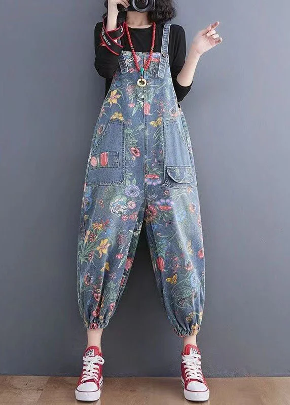 Blue Print Denim Spaghetti Strap Jumpsuits Pockets Spring Parisian Effortless Chic Style