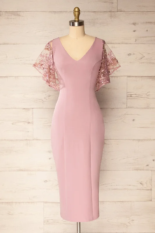 Myrania Mauve | Fitted Midi Dress w/ Embroidered Sleeves Style Redefined