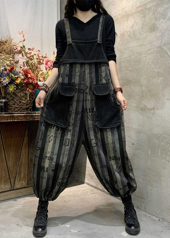 Casual Black Graphic Print Striped Button Denim Jumpsuits Spring Luxury Comfort