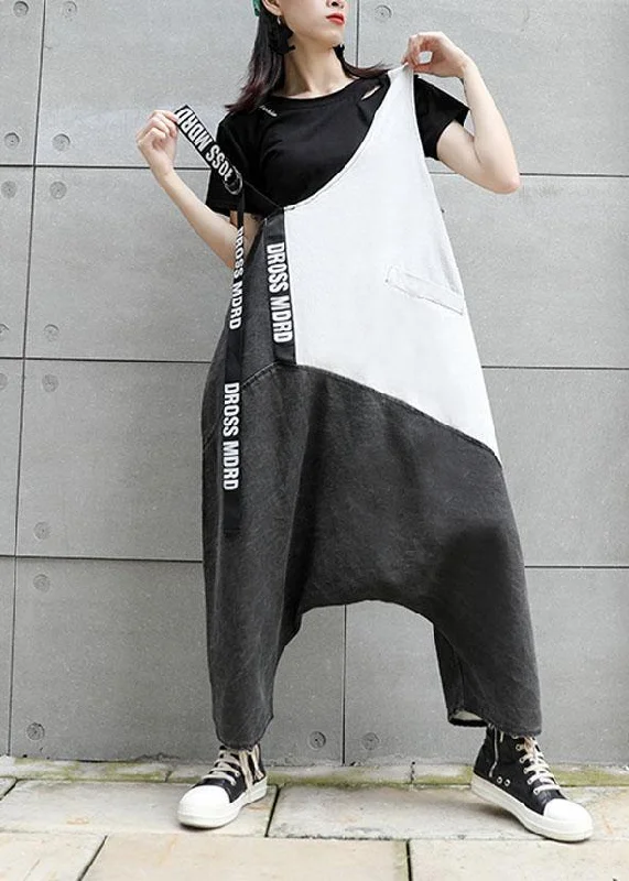 Strap  retro black gray patchwork overalls casual pants jeans women Evening Elegance