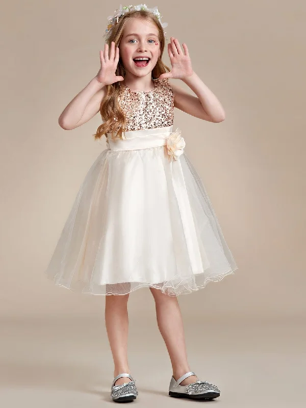 Sequin Bodice Double hemline Short Flower Girl Dress with Bowknot Great Prices On Feminine Styles