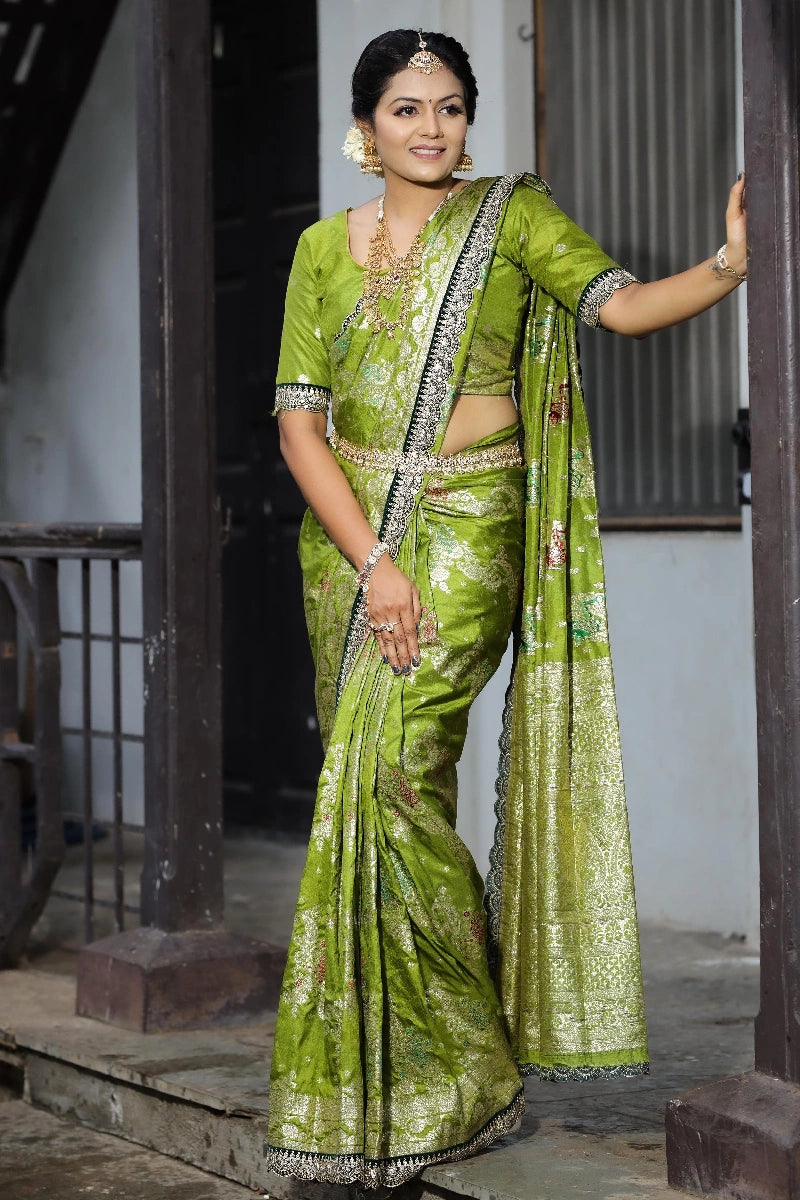 Green Colour Flower Design Saree For Mehndi Rasam Vintage Look