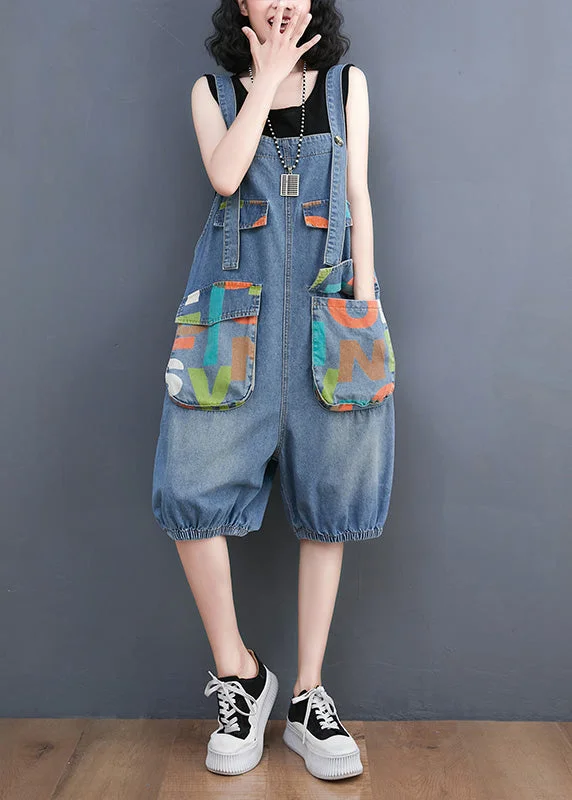 Bohemian Light Blue Slash Neck Print Button Denim Jumpsuit Summer Clearance Event