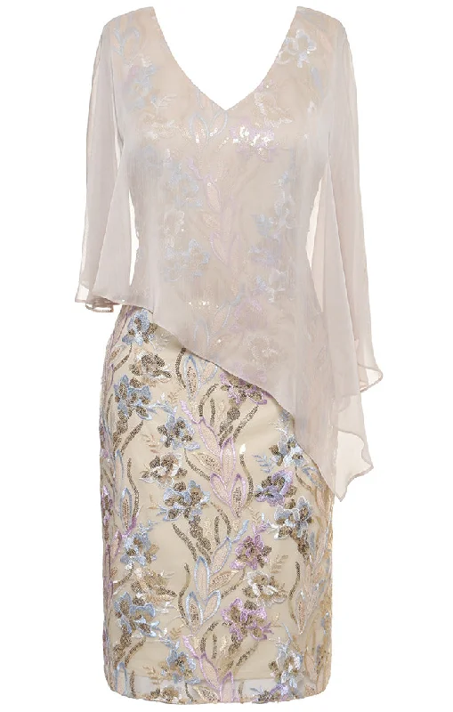 Embroidered Sheath Dress with Chiffon Overlay Bodice Chic And Trendy