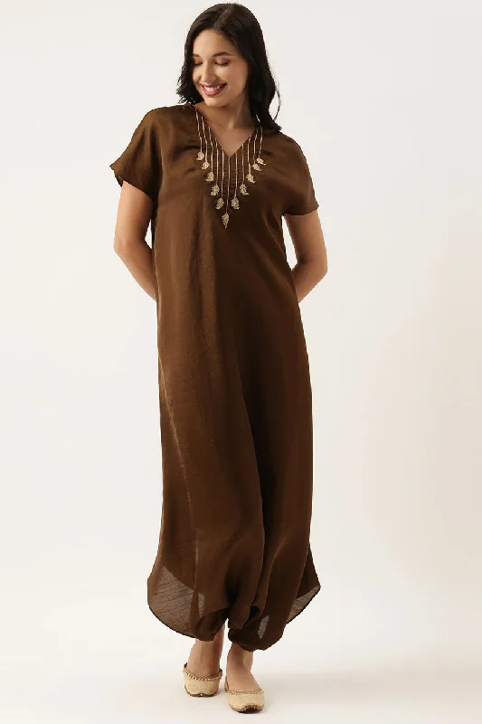 Brown Silk Embroidered Jumpsuit Exclusive Designer Collection