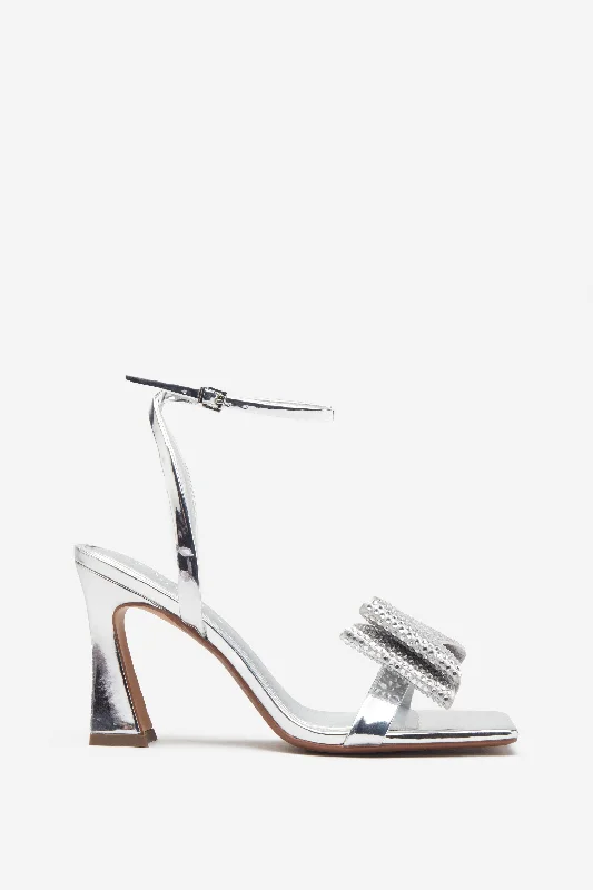 Headlines | Silver Ankle Strap Heeled Sandals With Diamante Bows Runway Inspired Wear